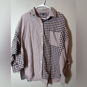 Grade & Gather Women’s Linen Blend Tan/Black Button Down Shirt Large